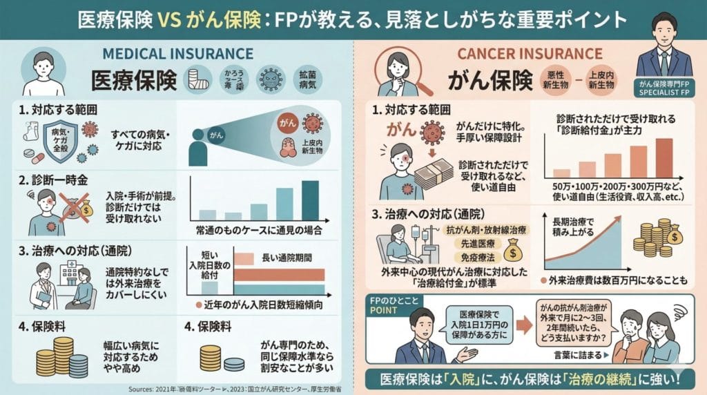 がん保険と医療保険の違いをFP視点で整理する